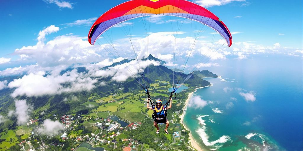 Paraglider flying over Bali's green landscapes and coastline.