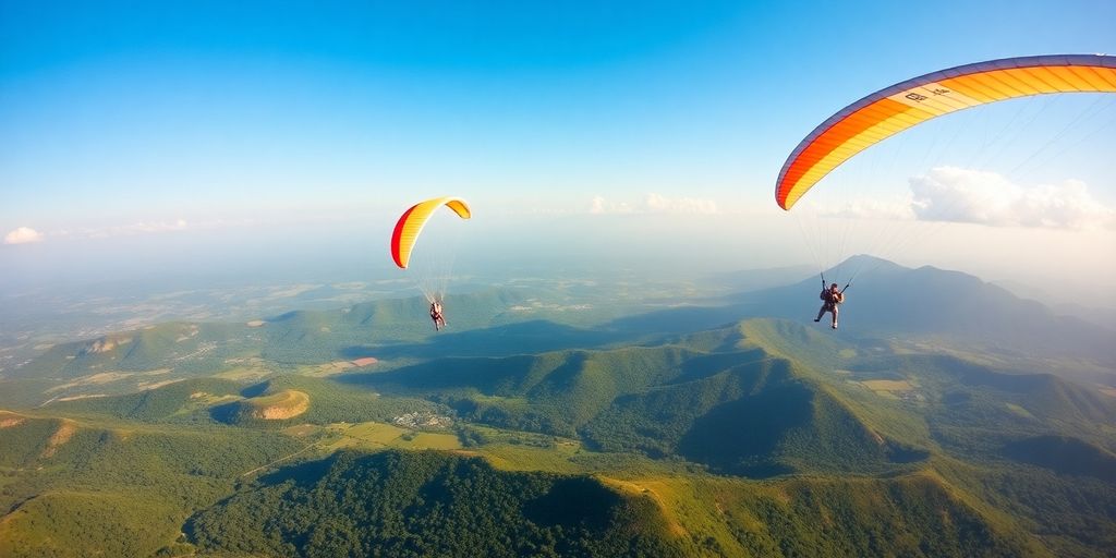 Paragliders flying over Bali's beautiful landscape.