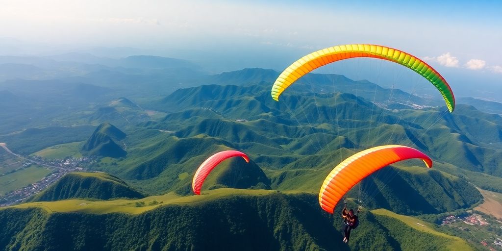 Paragliders flying over Bali's lush green landscape.